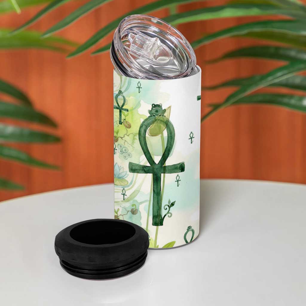 Heqet Nile Ankh Symbol 4 in 1 Can Cooler Tumbler Egyptian Lotus Motif in Watercolor Life Theme