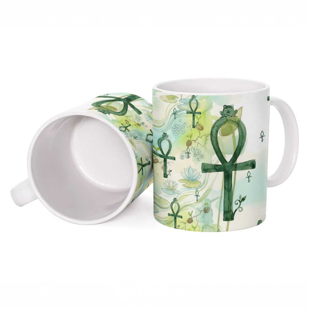 Heqet Nile Ankh Symbol Ceramic Mug Egyptian Lotus Motif in Watercolor Life Theme