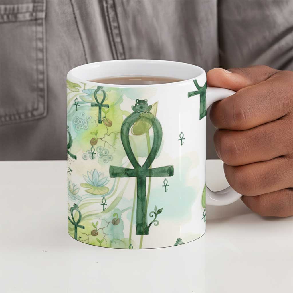 Heqet Nile Ankh Symbol Ceramic Mug Egyptian Lotus Motif in Watercolor Life Theme
