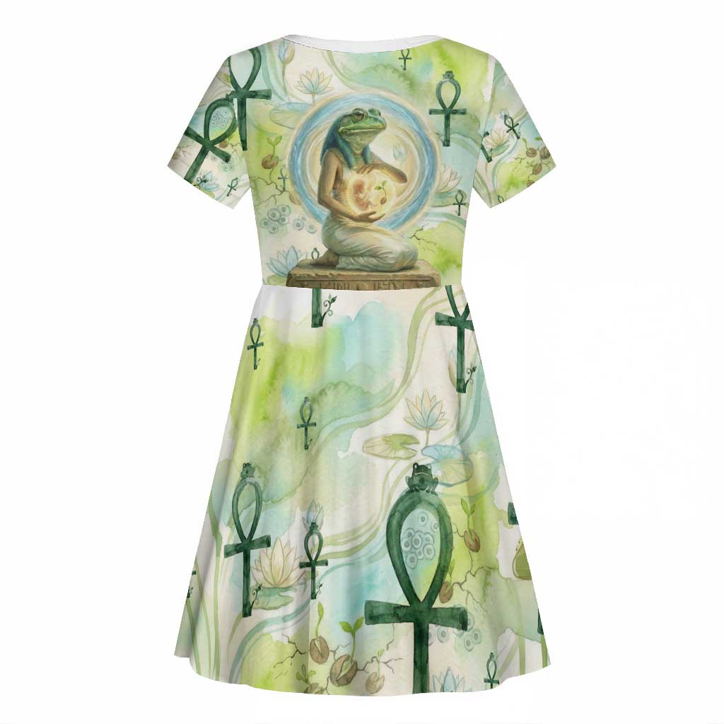Heqet Nile Ankh Symbol Kid Short Sleeve Dress Egyptian Lotus Motif in Watercolor Life Theme