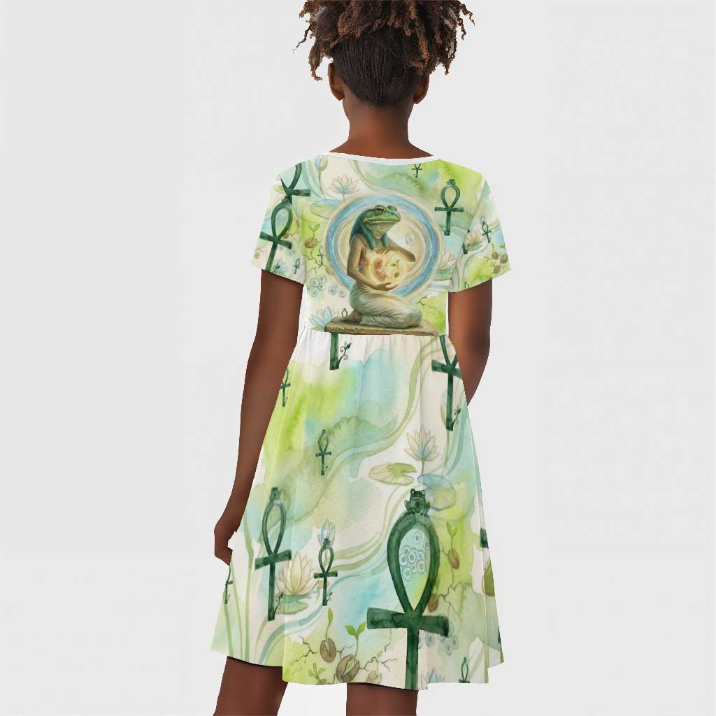 Heqet Nile Ankh Symbol Kid Short Sleeve Dress Egyptian Lotus Motif in Watercolor Life Theme
