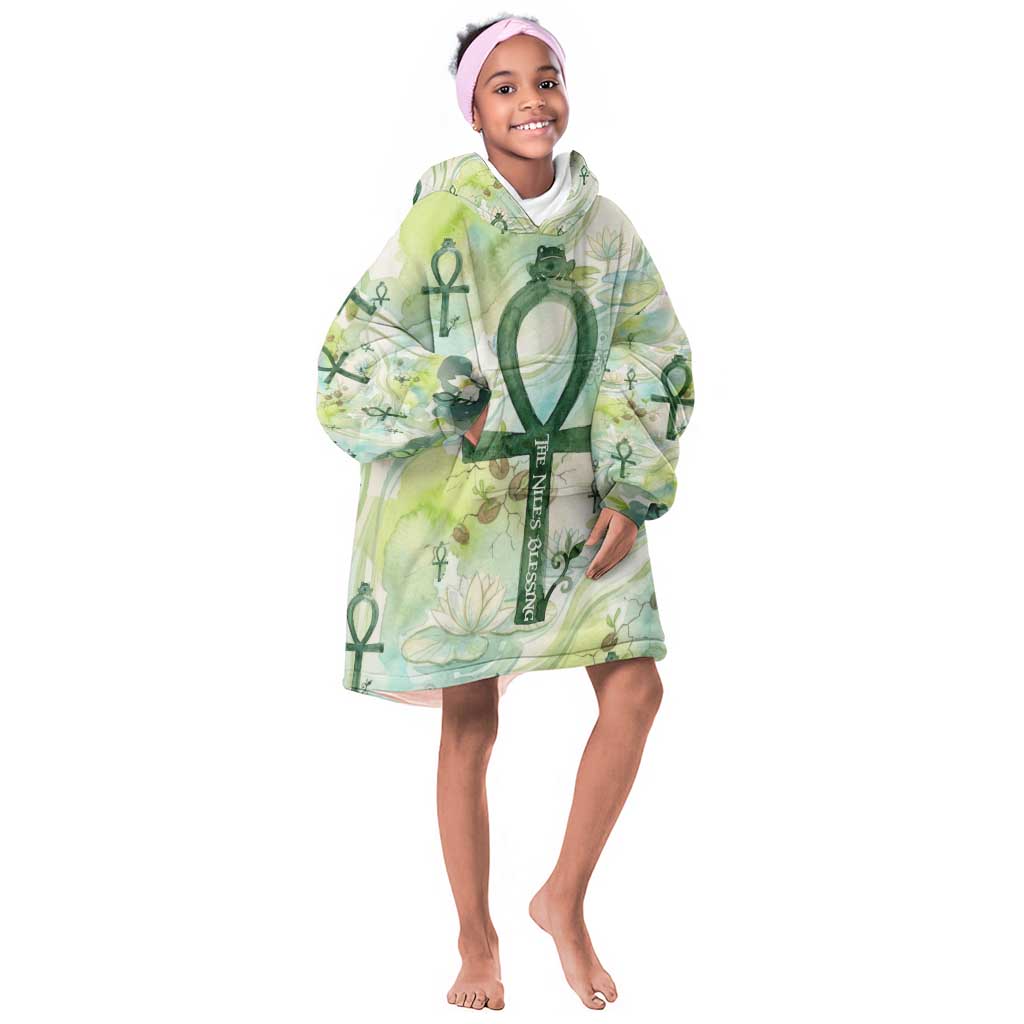 Heqet Nile Ankh Symbol Kid Wearable Blanket Hoodie Egyptian Lotus Motif in Watercolor Life Theme