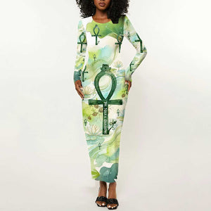 Heqet Nile Ankh Symbol Long Sleeve Bodycon Dress Egyptian Lotus Motif in Watercolor Life Theme