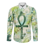 Heqet Nile Ankh Symbol Long Sleeve Button Shirt Egyptian Lotus Motif in Watercolor Life Theme