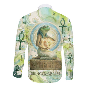 Heqet Nile Ankh Symbol Long Sleeve Button Shirt Egyptian Lotus Motif in Watercolor Life Theme