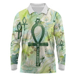 Heqet Nile Ankh Symbol Long Sleeve Polo Shirt Egyptian Lotus Motif in Watercolor Life Theme