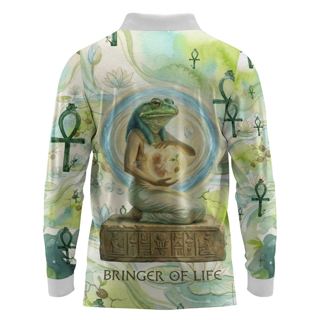 Heqet Nile Ankh Symbol Long Sleeve Polo Shirt Egyptian Lotus Motif in Watercolor Life Theme
