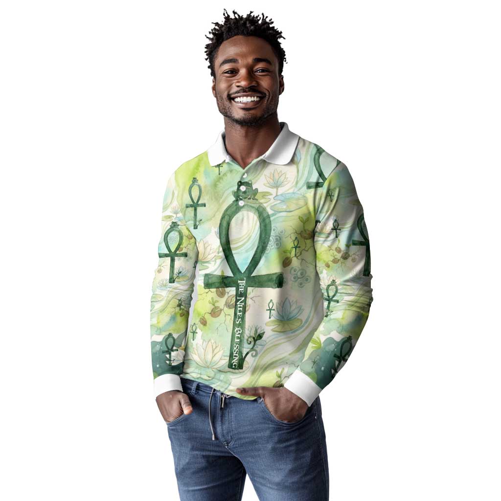 Heqet Nile Ankh Symbol Long Sleeve Polo Shirt Egyptian Lotus Motif in Watercolor Life Theme