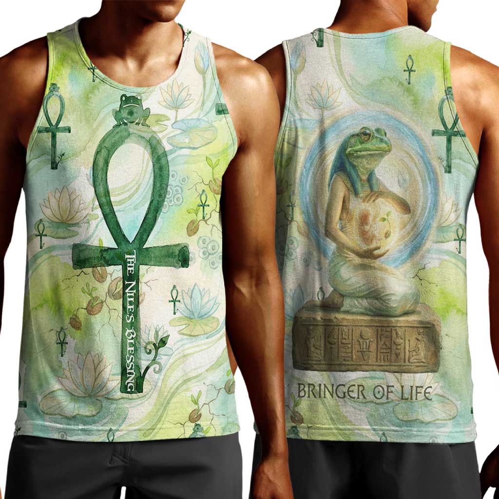 Heqet Nile Ankh Symbol Men Tank Top Egyptian Lotus Motif in Watercolor Life Theme