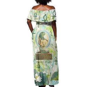 Heqet Nile Ankh Symbol Off Shoulder Maxi Dress Egyptian Lotus Motif in Watercolor Life Theme