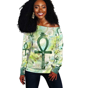 Heqet Nile Ankh Symbol Off Shoulder Sweater Egyptian Lotus Motif in Watercolor Life Theme