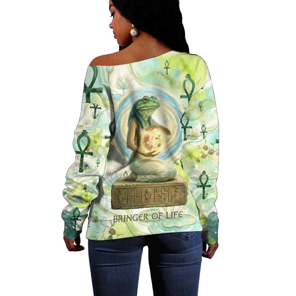 Heqet Nile Ankh Symbol Off Shoulder Sweater Egyptian Lotus Motif in Watercolor Life Theme