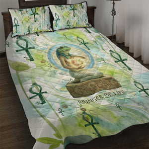 Heqet Nile Ankh Symbol Quilt Bed Set Egyptian Lotus Motif in Watercolor Life Theme
