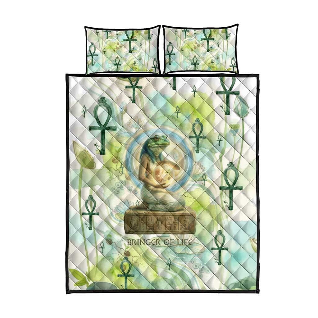 Heqet Nile Ankh Symbol Quilt Bed Set Egyptian Lotus Motif in Watercolor Life Theme