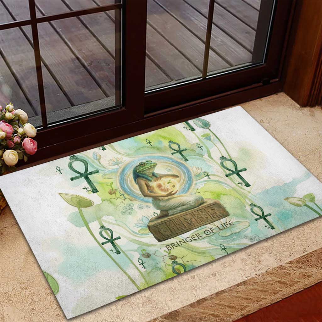 Heqet Nile Ankh Symbol Rubber Doormat Egyptian Lotus Motif in Watercolor Life Theme