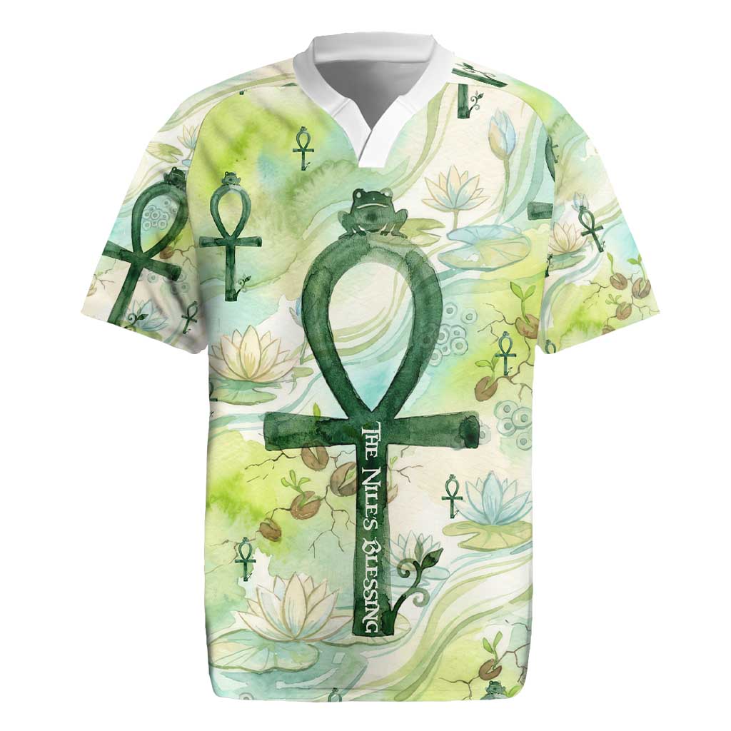 Heqet Nile Ankh Symbol Rugby Jersey Egyptian Lotus Motif in Watercolor Life Theme