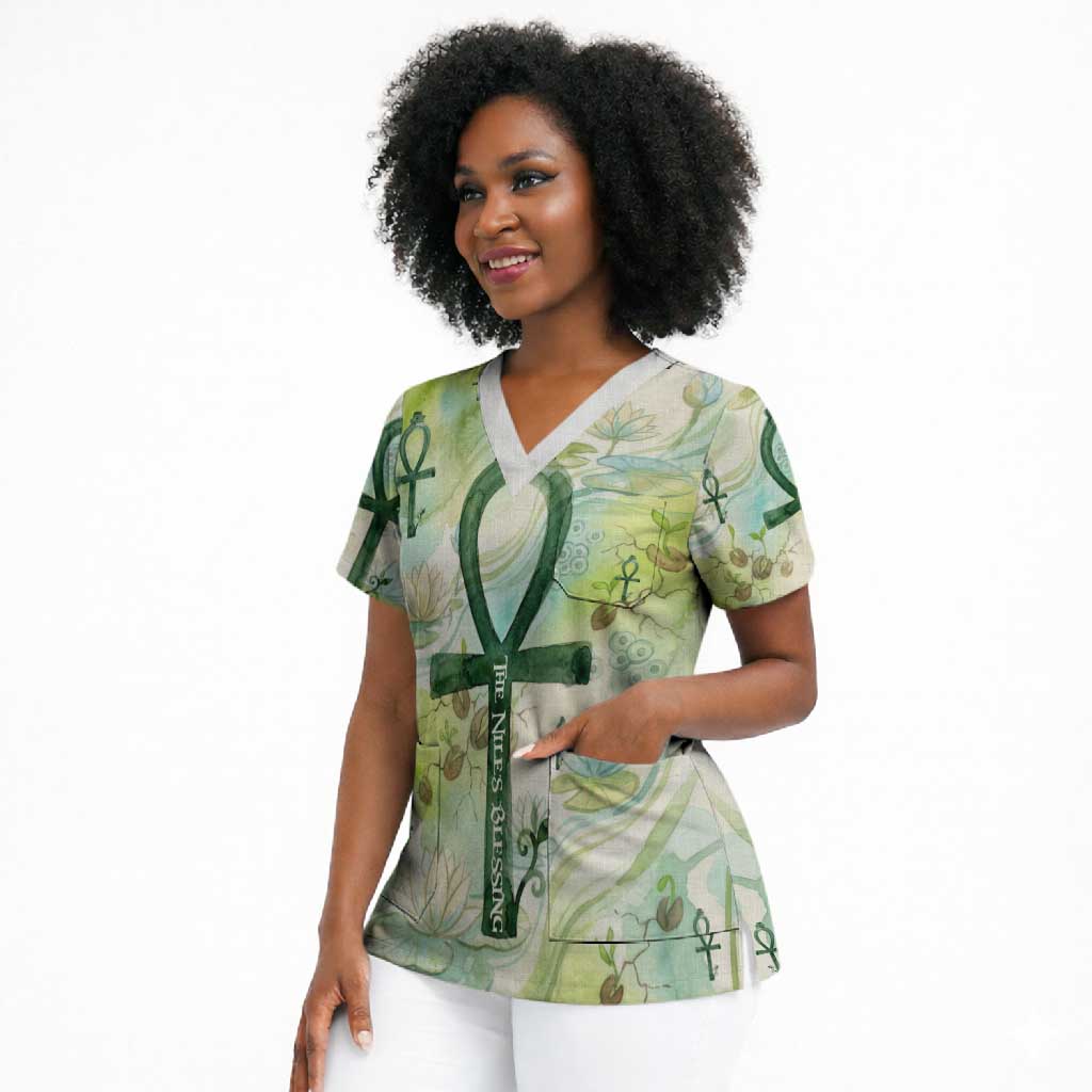 Heqet Nile Ankh Symbol Scrub Top Egyptian Lotus Motif in Watercolor Life Theme