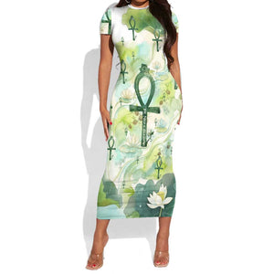 Heqet Nile Ankh Symbol Short Sleeve Bodycon Dress Egyptian Lotus Motif in Watercolor Life Theme