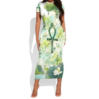 Heqet Nile Ankh Symbol Short Sleeve Bodycon Dress Egyptian Lotus Motif in Watercolor Life Theme