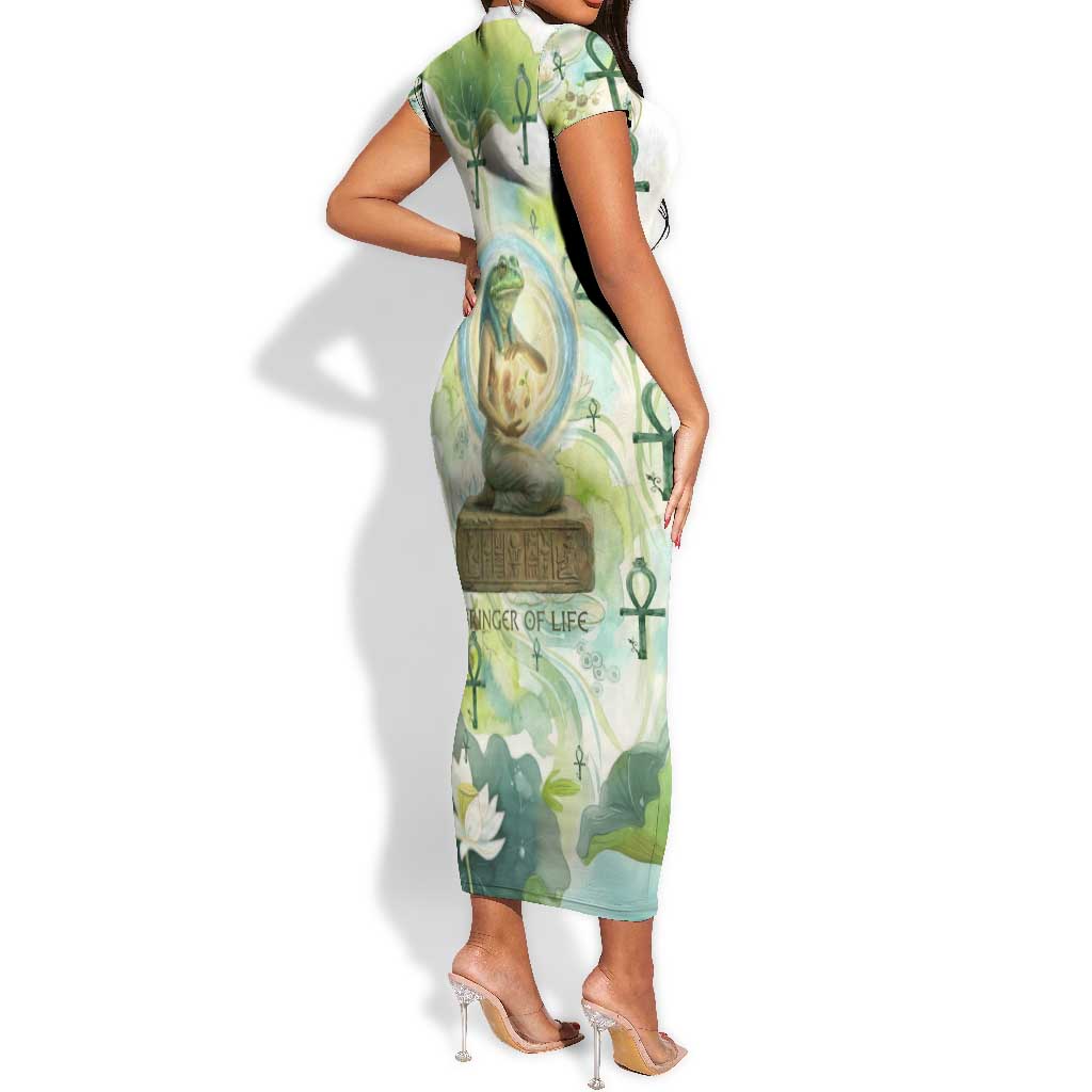 Heqet Nile Ankh Symbol Short Sleeve Bodycon Dress Egyptian Lotus Motif in Watercolor Life Theme