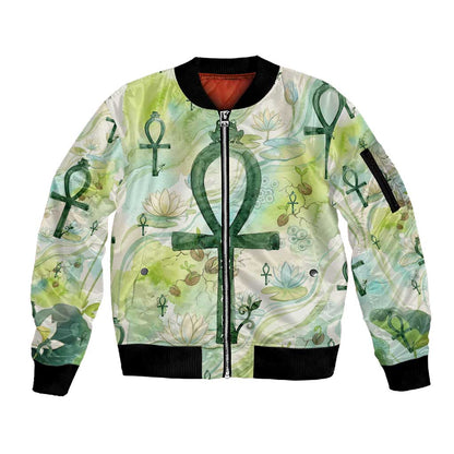 Heqet Nile Ankh Symbol Sleeve Zip Bomber Jacket Egyptian Lotus Motif in Watercolor Life Theme