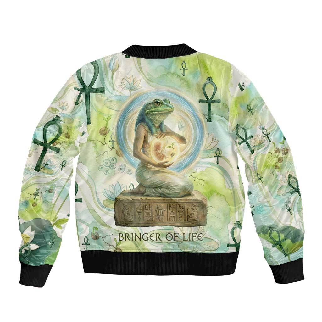 Heqet Nile Ankh Symbol Sleeve Zip Bomber Jacket Egyptian Lotus Motif in Watercolor Life Theme