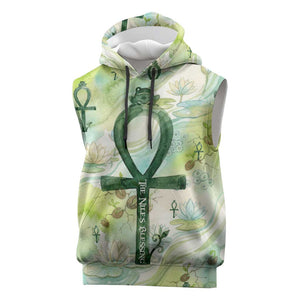 Heqet Nile Ankh Symbol Sleeveless Hoodie Egyptian Lotus Motif in Watercolor Life Theme
