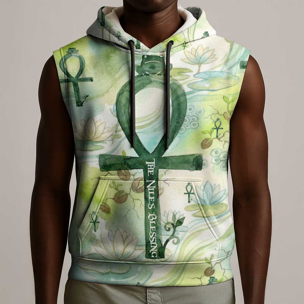 Heqet Nile Ankh Symbol Sleeveless Hoodie Egyptian Lotus Motif in Watercolor Life Theme