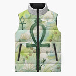 Heqet Nile Ankh Symbol Sleeveless Puffer Jacket Egyptian Lotus Motif in Watercolor Life Theme