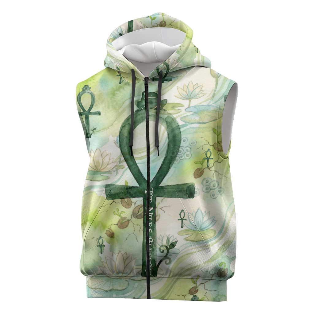 Heqet Nile Ankh Symbol Sleeveless Zip Hoodie Egyptian Lotus Motif in Watercolor Life Theme