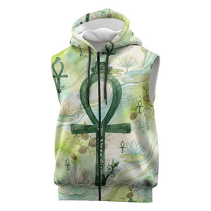 Heqet Nile Ankh Symbol Sleeveless Zip Hoodie Egyptian Lotus Motif in Watercolor Life Theme