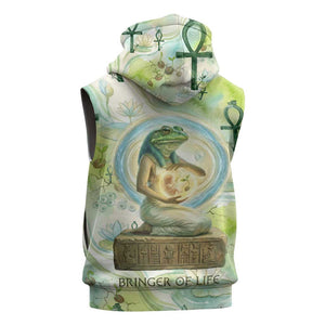 Heqet Nile Ankh Symbol Sleeveless Zip Hoodie Egyptian Lotus Motif in Watercolor Life Theme