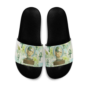 Heqet Nile Ankh Symbol Slide Sandals Egyptian Lotus Motif in Watercolor Life Theme
