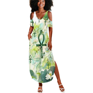 Heqet Nile Ankh Symbol Summer Maxi Dress Egyptian Lotus Motif in Watercolor Life Theme