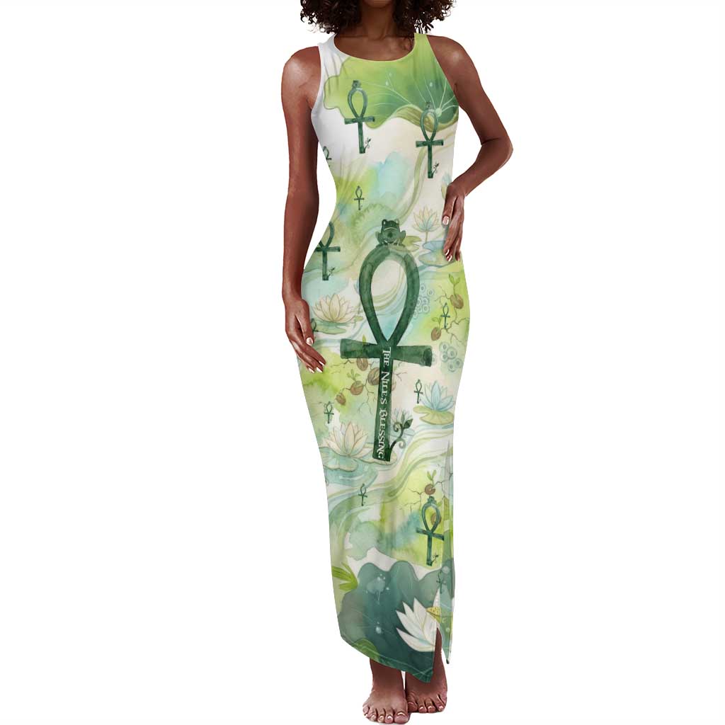 Heqet Nile Ankh Symbol Tank Maxi Dress Egyptian Lotus Motif in Watercolor Life Theme