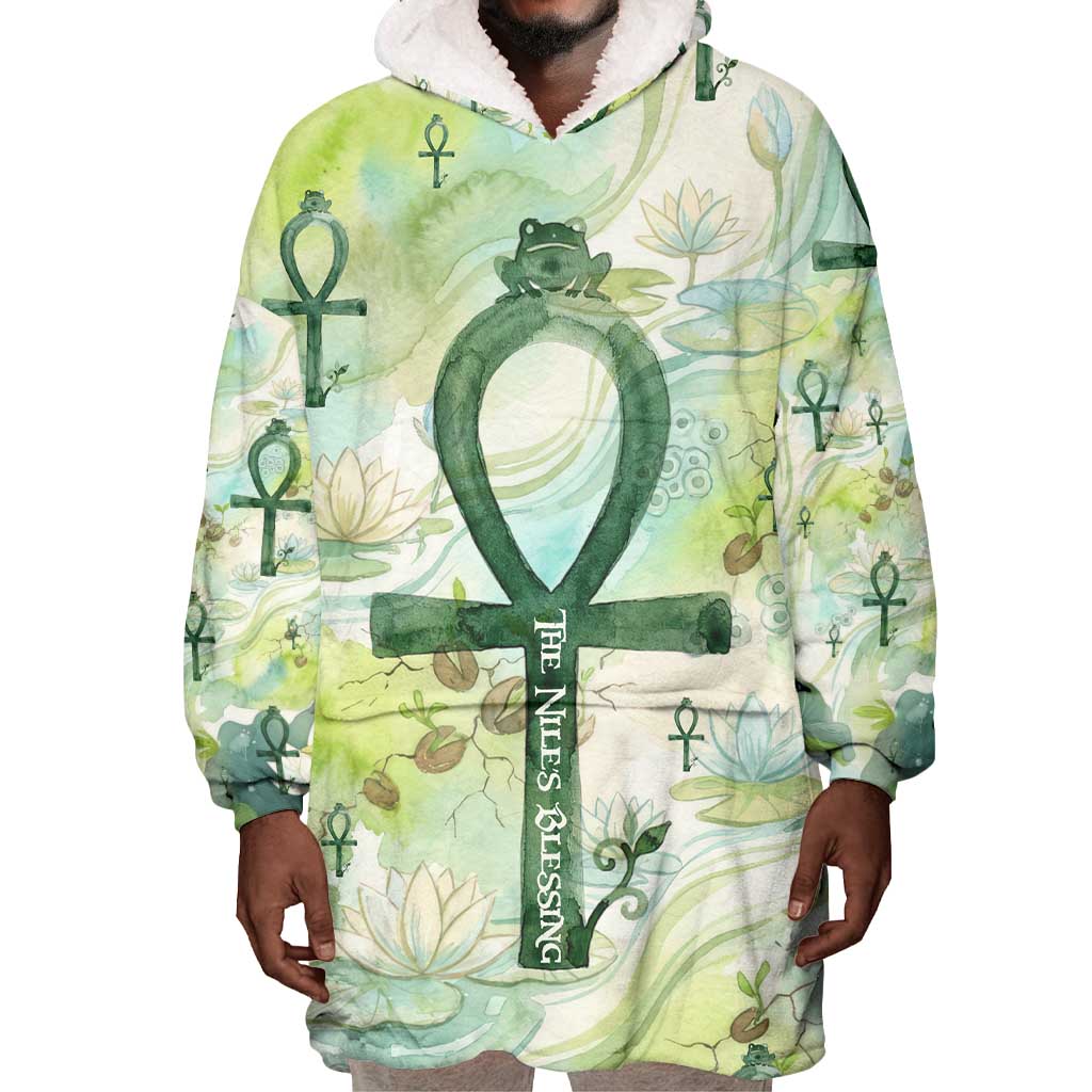 Heqet Nile Ankh Symbol Wearable Blanket Hoodie Egyptian Lotus Motif in Watercolor Life Theme