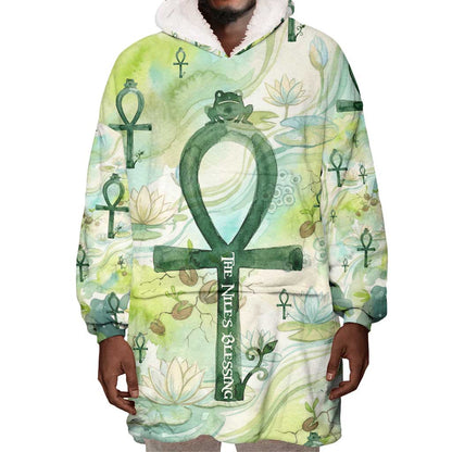 Heqet Nile Ankh Symbol Wearable Blanket Hoodie Egyptian Lotus Motif in Watercolor Life Theme