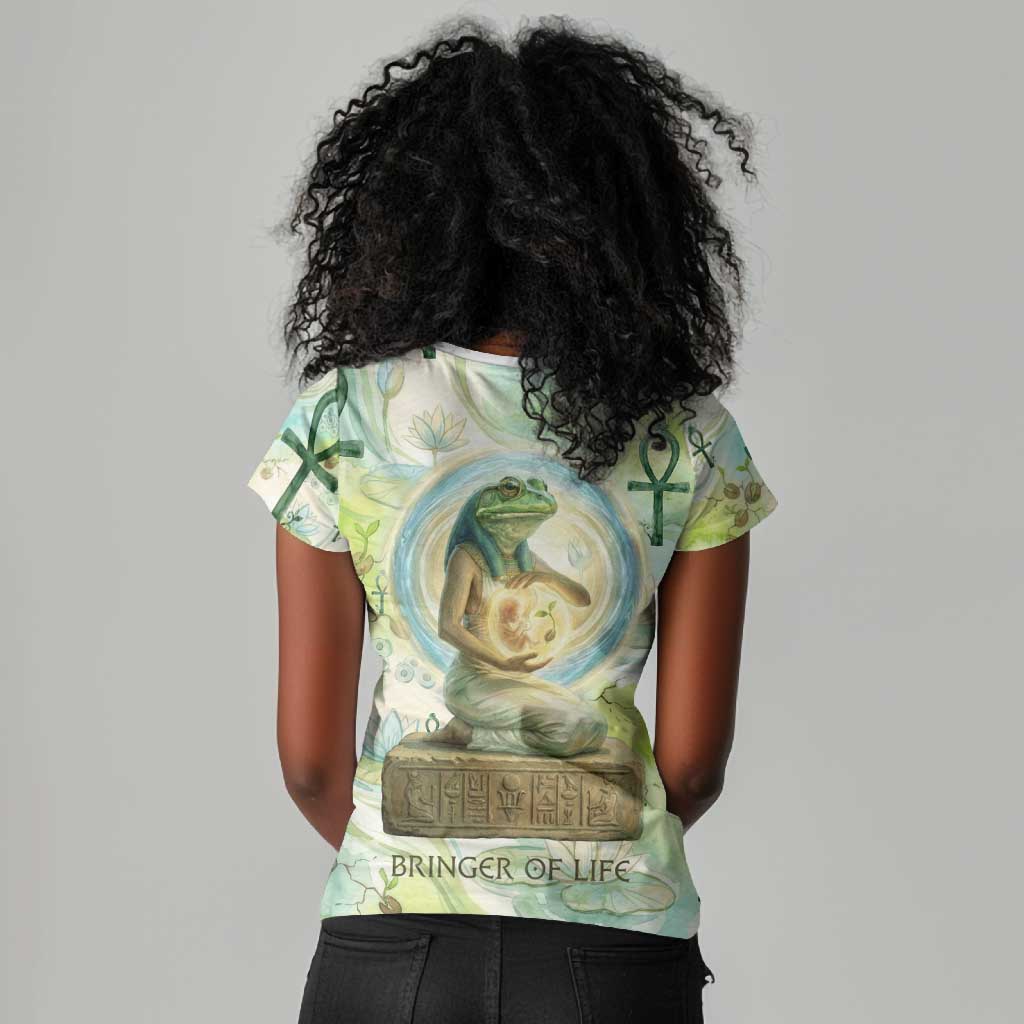 Heqet Nile Ankh Symbol Women V-Neck T-Shirt Egyptian Lotus Motif in Watercolor Life Theme