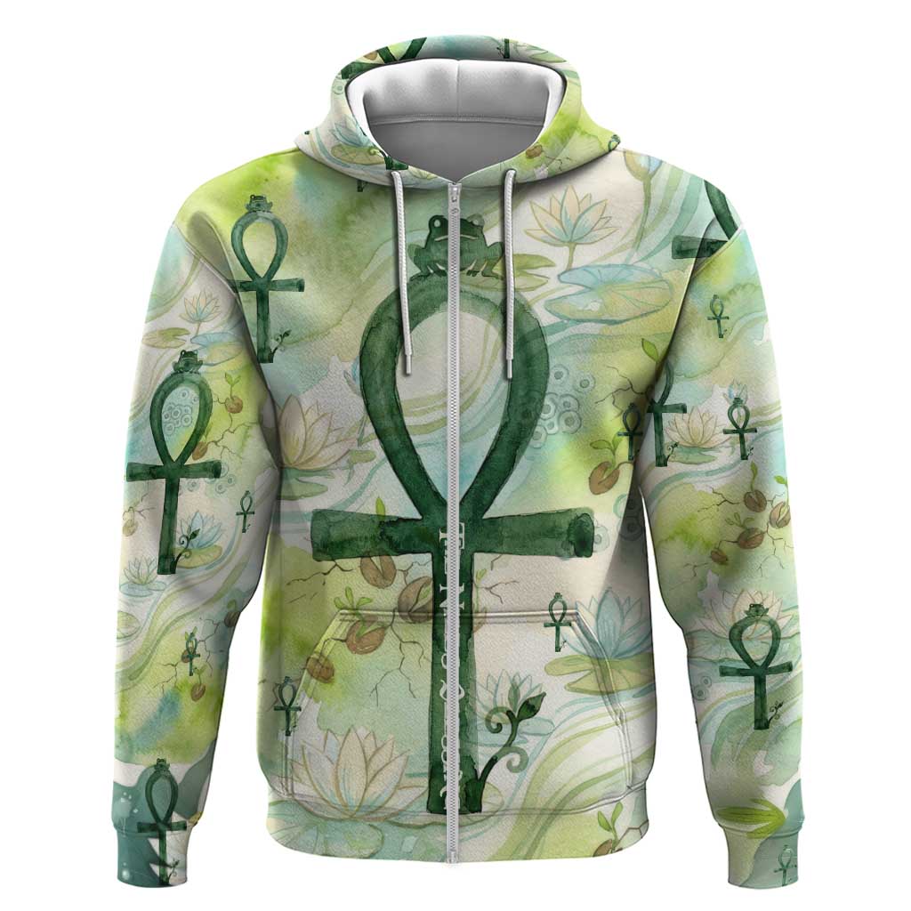 Heqet Nile Ankh Symbol Zip Hoodie Egyptian Lotus Motif in Watercolor Life Theme