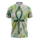 Heqet Nile Ankh Symbol Zipper Polo Shirt Egyptian Lotus Motif in Watercolor Life Theme