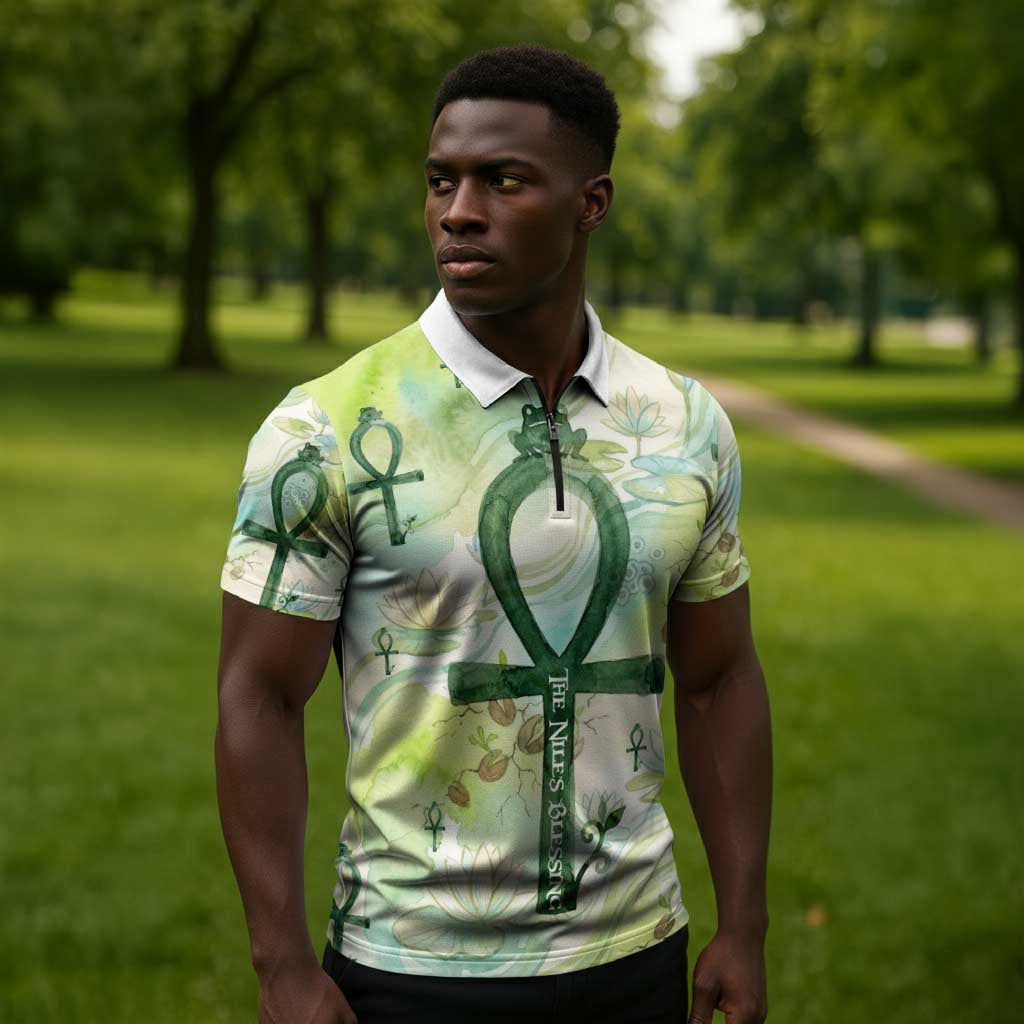 Heqet Nile Ankh Symbol Zipper Polo Shirt Egyptian Lotus Motif in Watercolor Life Theme