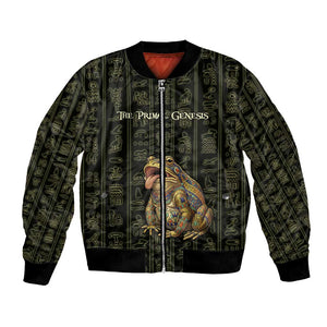Heqet Ornate Frog Egyptian Bomber Jacket with Hieroglyphic Backdrop in Creation Theme