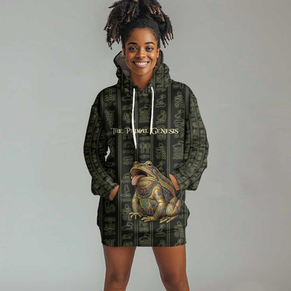 Heqet Ornate Frog Egyptian Hoodie Dress with Hieroglyphic Backdrop in Creation Theme
