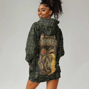 Heqet Ornate Frog Egyptian Hoodie Dress with Hieroglyphic Backdrop in Creation Theme