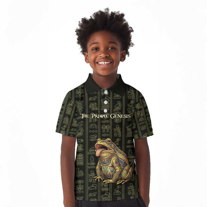 Heqet Ornate Frog Egyptian Kid Polo Shirt with Hieroglyphic Backdrop in Creation Theme