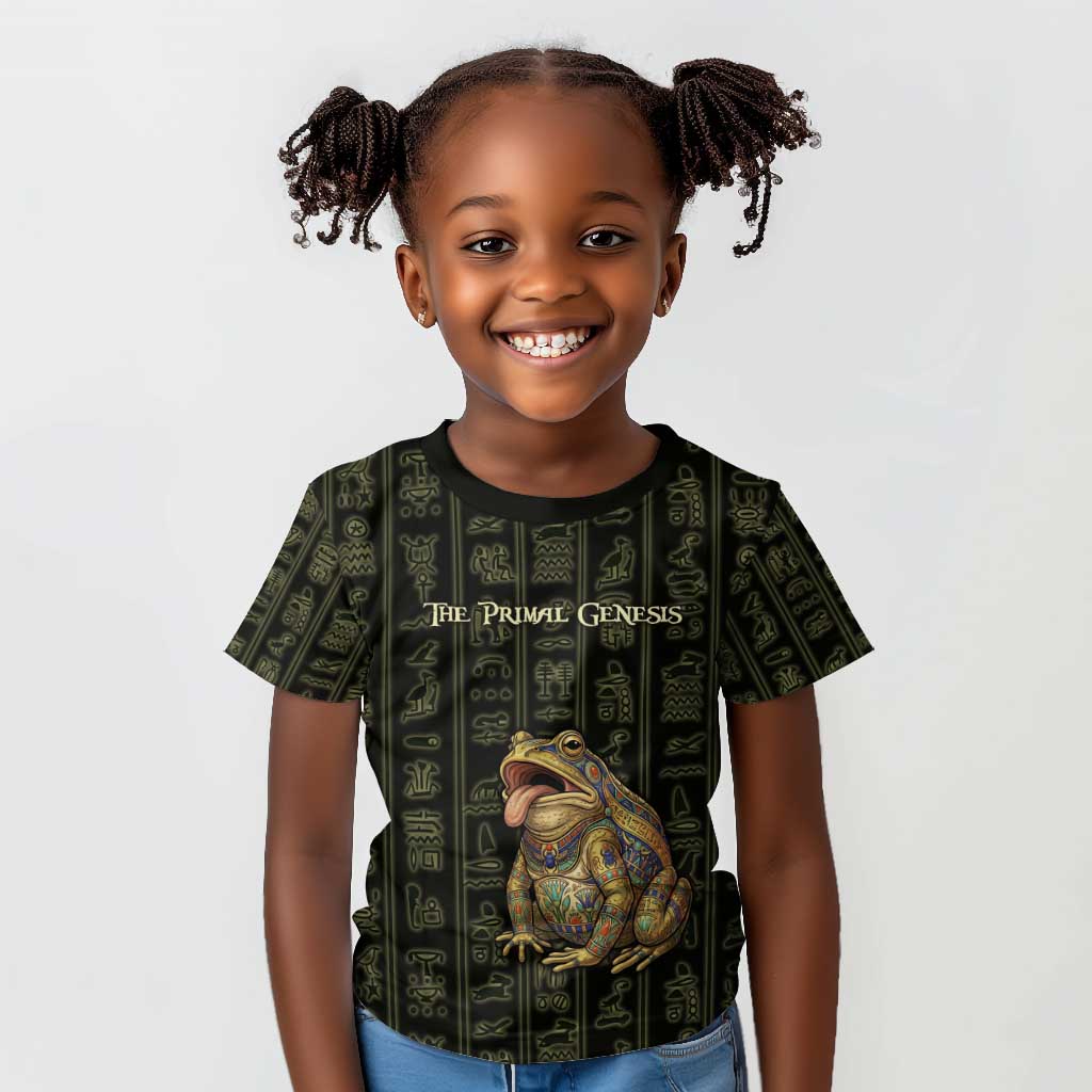 Heqet Ornate Frog Egyptian Kid T shirt with Hieroglyphic Backdrop in Creation Theme