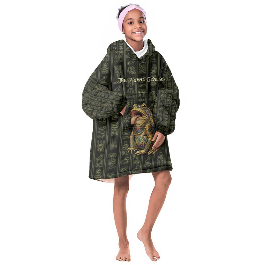 Heqet Ornate Frog Egyptian Kid Wearable Blanket Hoodie with Hieroglyphic Backdrop in Creation Theme