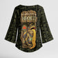 Heqet Ornate Frog Egyptian Kimono Sleeve Blouse with Hieroglyphic Backdrop in Creation Theme