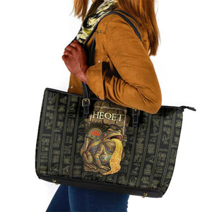 Heqet Ornate Frog Egyptian Leather Tote Bag with Hieroglyphic Backdrop in Creation Theme