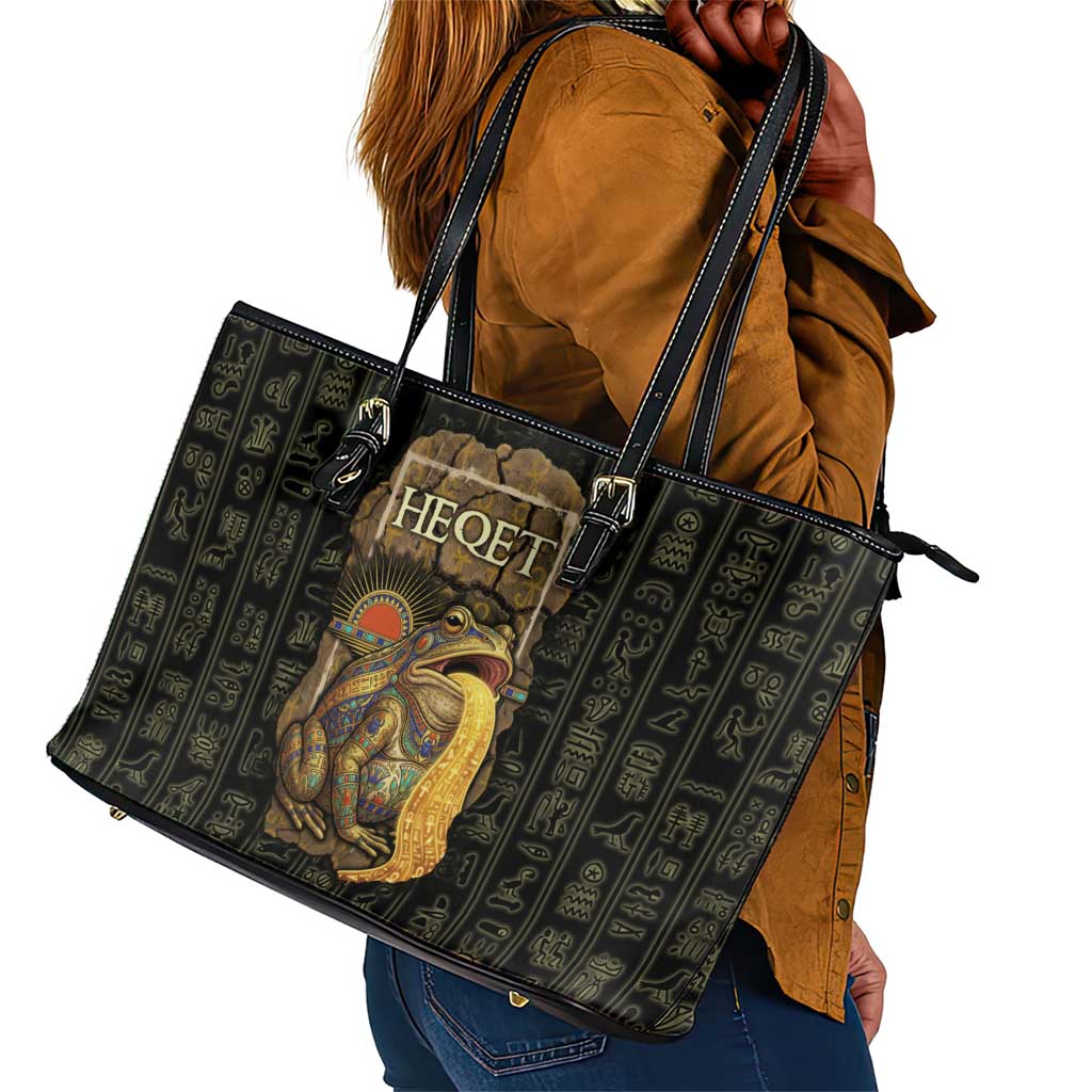 Heqet Ornate Frog Egyptian Leather Tote Bag with Hieroglyphic Backdrop in Creation Theme